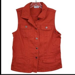 Chico’s Orange Four Pocket Denim Vest.
